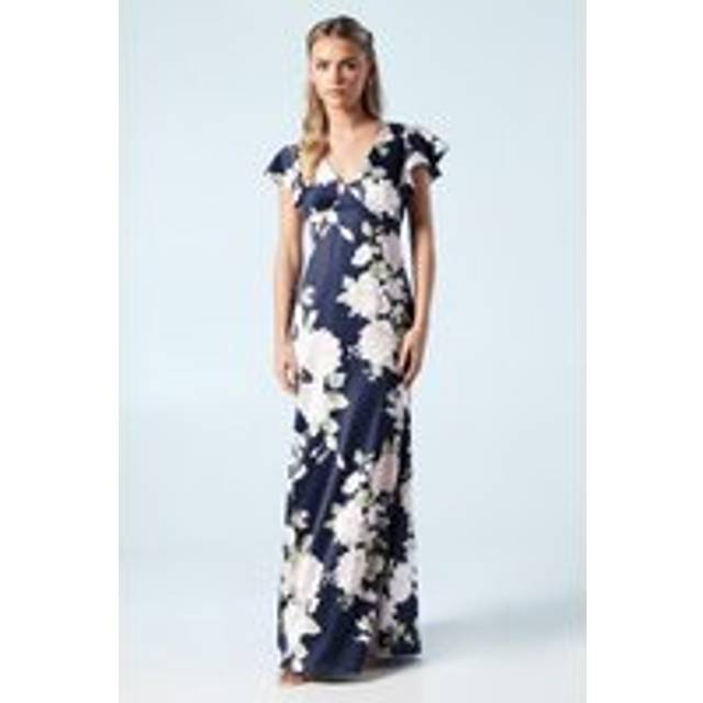 Petite Dahlia Floral Printed Satin Ruffle Sleeve Bridesmaids Dress - Navy - 12