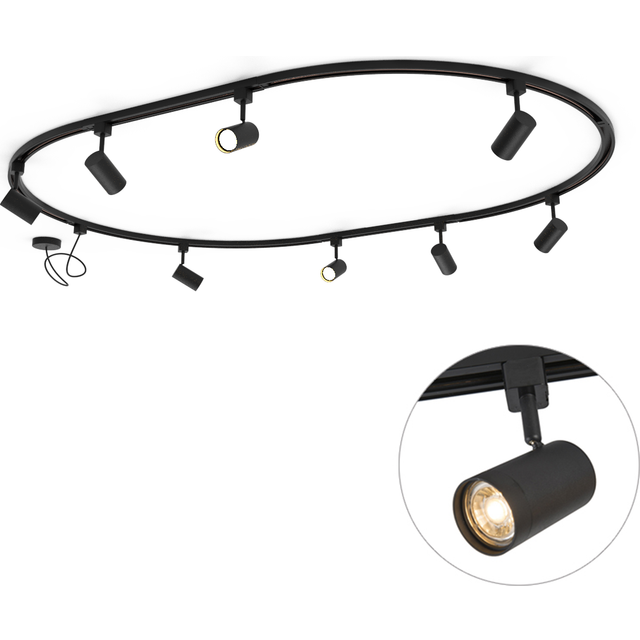 Modern Track Lighting System with 8 Black Spotlights, 1-Phase, Oval, 200cm - Iconic Jeana
