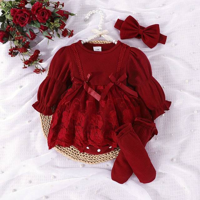 SHEIN 1 Set Baby Girl Elegant & Luxurious Long Sleeve Mesh Contrast Romper + Headband + Socks, Autumn/Winter
