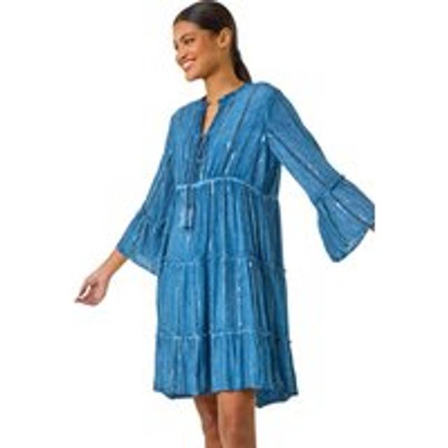 Shimmer Tie Detail Smock Dress - Mid Blue - 14