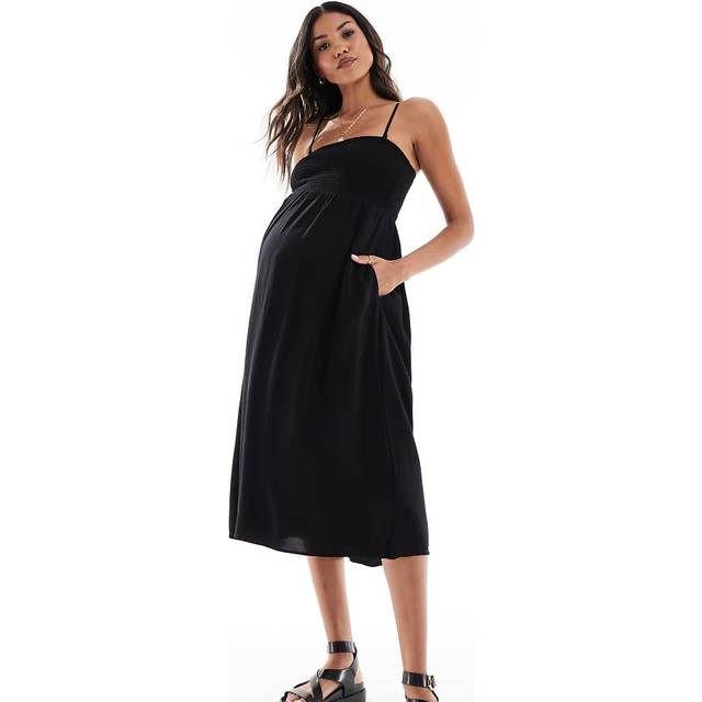 Vero Moda Maternity – Easy – Svart, smockad, ankellång klänning med smala axelband-Svart/a