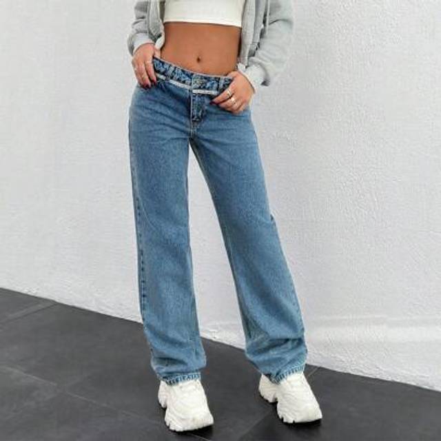SHEIN Casual Washed Low Waist Letter Elastic Band Straight Leg Jeans