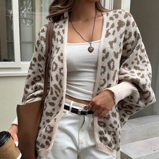 SHEIN Casual Soft Khaki Leopard Print Women Cardigan Suitable For Autumn/Winter