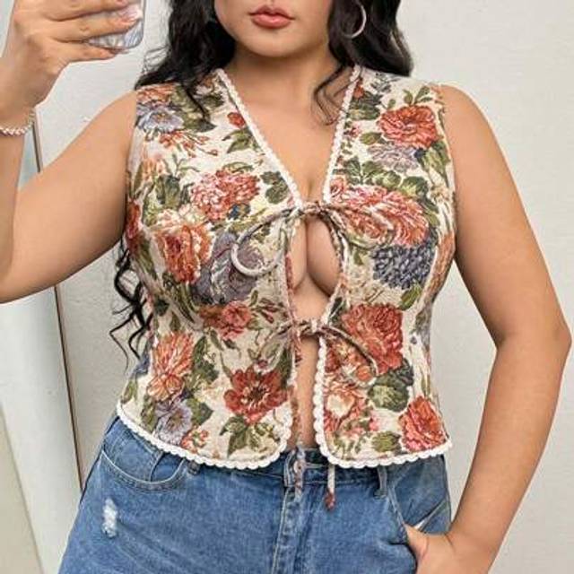 SHEIN Plus Size Retro Floral Tie Front Vest, Bohemian Casual Vacation Style Waistcoat For Summer