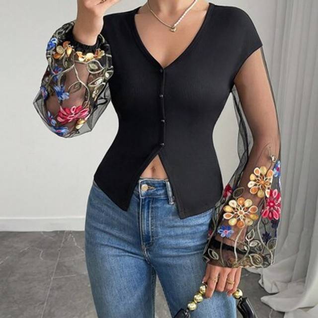 Rafferiza Women&#39;s 3D Embroidery Floral Mesh Sheer Long Sleeve Fitted V-Neck Asymmetrical Hem Blouse For Spring