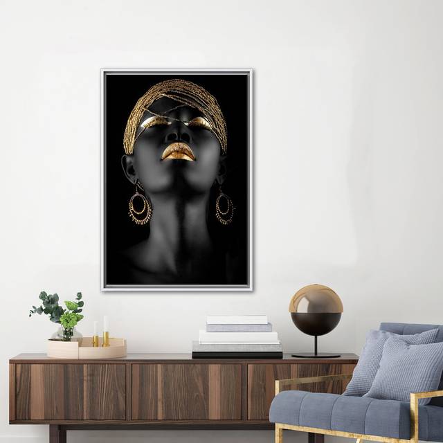 African Woman Abstract Art Canvas with Gold Lips - Ethnic Black Woman Printed Artwork - White Floater Framed (20 cm H x 30 cm W)