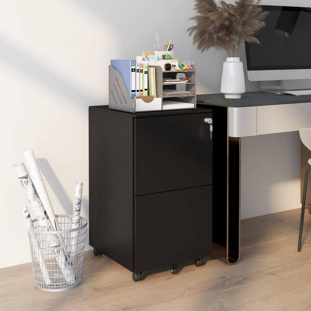 Steel Mobile File Cabinet, 2-Drawer Vertical Filing Cabinet with Lock and 5 Wheels - Black (67.5cm H X 37cm W X 43.5cm D)