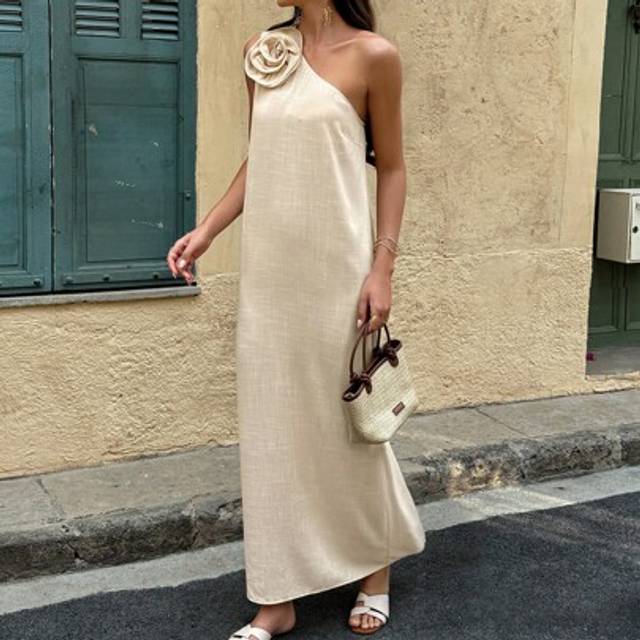 Breezaya Women&#39;s Off-Shoulder 3D Flower Linen Vacation Style Dress