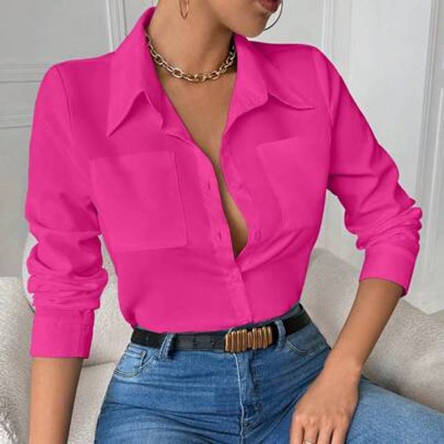 INAWLY Casual Collared Pocket Fitted White Long Sleeve Women Blouse Women Shirt