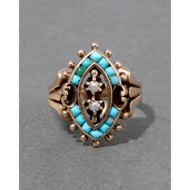 Alexis Bittar Antique 1800S 14K Gold With Persian Surrounding Natural Seed Pearls In Architectural Design Ring in Turquoise Size 5 | Statement Jewelr (5)