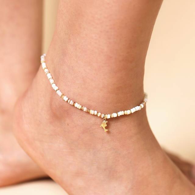 Stainless Steel Dolphin Charm Shell Beaded Anklet in Gold - gold/beige/white - one size