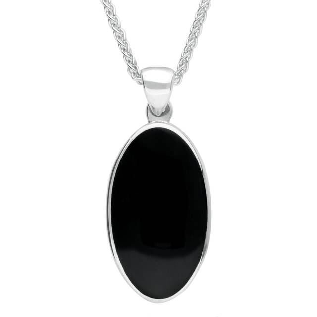 Sterling Silver Whitby Jet Oval Open Back Long Necklace - Silver