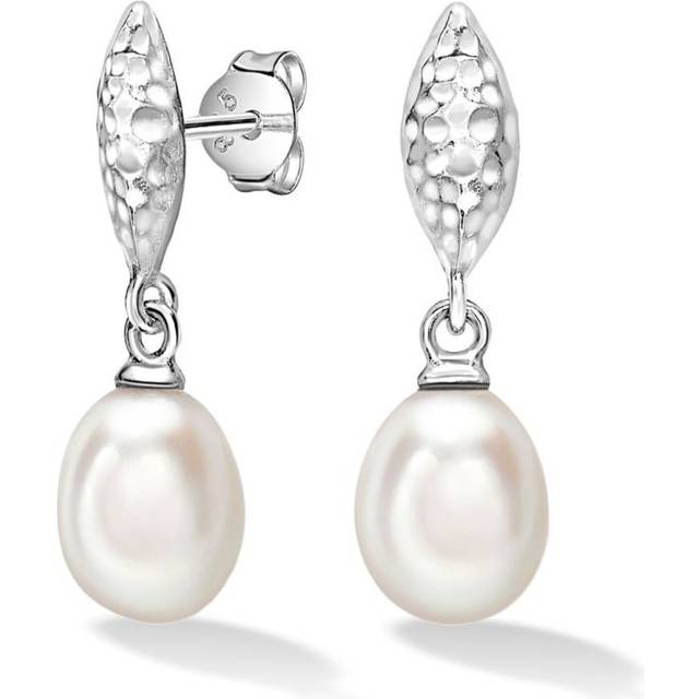 DOWER AND HALL - Hammered Marquise and White Freshwater Pearl Drop earrings - women - Recycled Sterling Silver/Freshwater Pearl - One Size