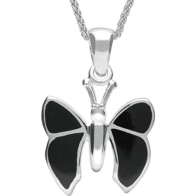 Sterling Silver Whitby Jet Four Stone Butterfly Necklace - Silver