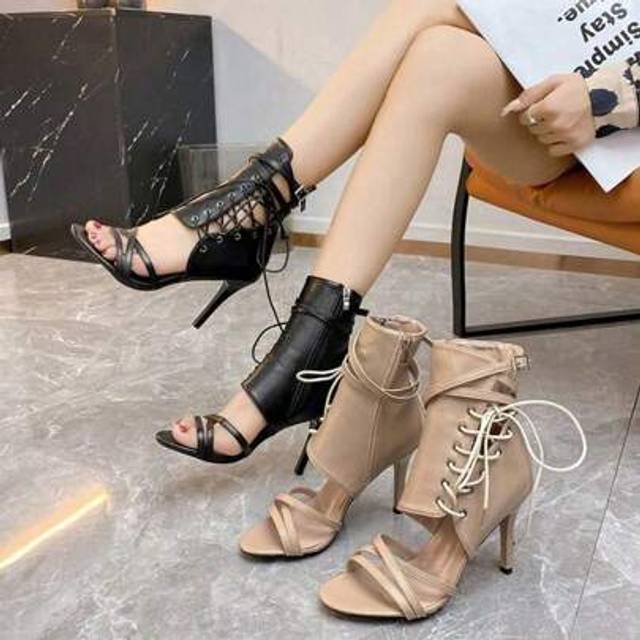 SHEIN Women&#39;s Leather Gladiator Sandals With High Stiletto Heels, Sexy Open Toe, Round Toe, Lace-Up, Side Zipper, Buckle, High Heel, Summer Lace-Up Boots, P