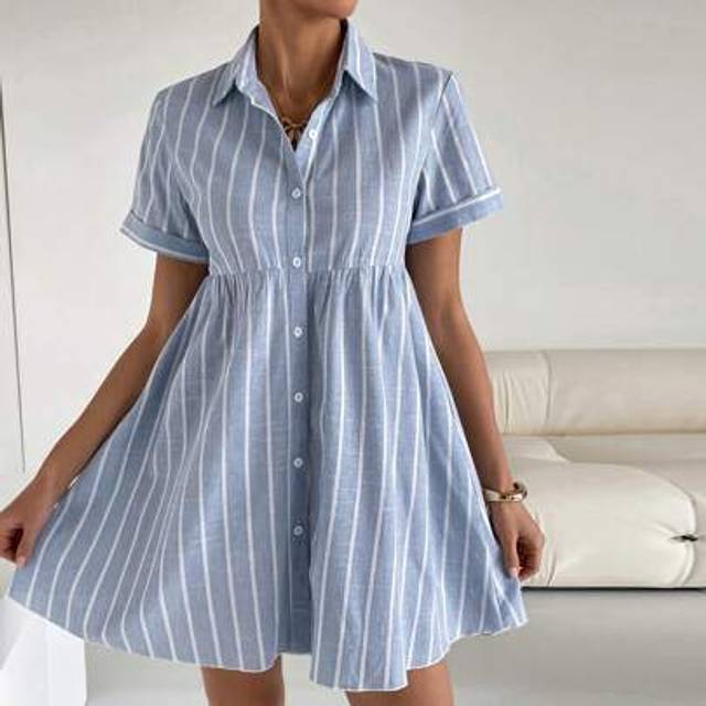 Plus Size Damer Vår- och sommarmode Casual Lös Bekväm Basic Daglig Mångsidig Smal Blå och Vit Randig Kortärmad Kortärmad Kort Klänning, Old Money Styl (0XL,1XL,2XL,3XL,4XL,5XL)