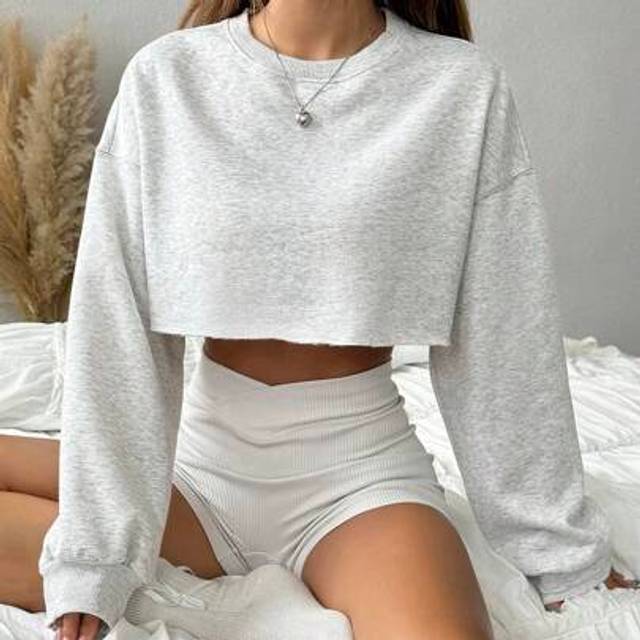 SHEIN Teen Girl Knitted Cropped Long Sleeve Sweatshirt, Light Gray Collegiate Minimalist Casual Style Crew Neck