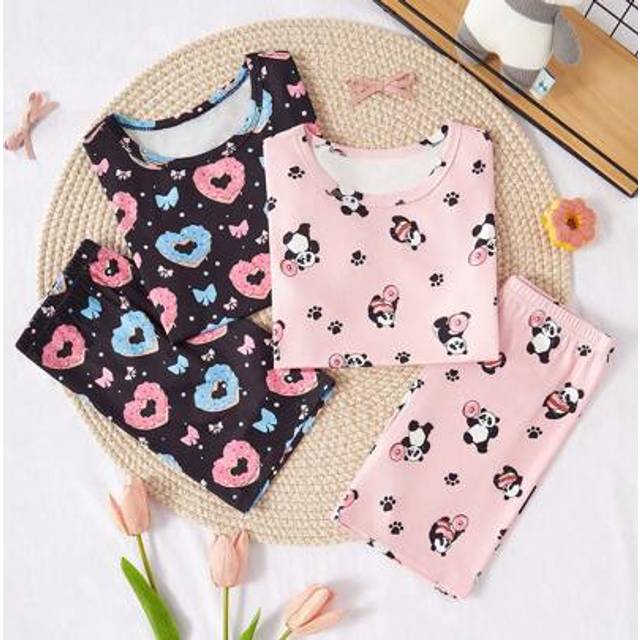 SHEIN Tween Girl Valentine&#39;s Day Snug Fit Pajama Set, Cherry & Strawberry Printed Crew Neck Short Sleeve Shorts 2pcs Outfit