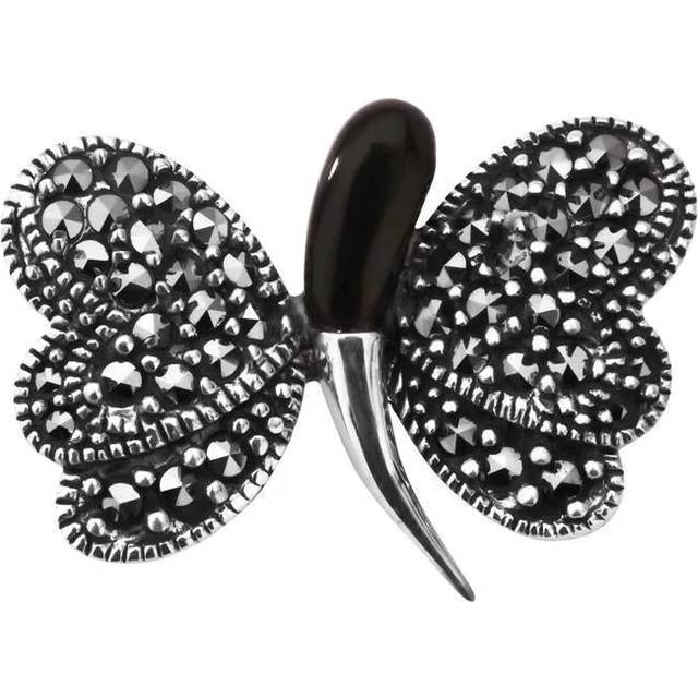 Sterling Silver Whitby Jet & Marcasite Abstract Butterfly Necklace - Silver
