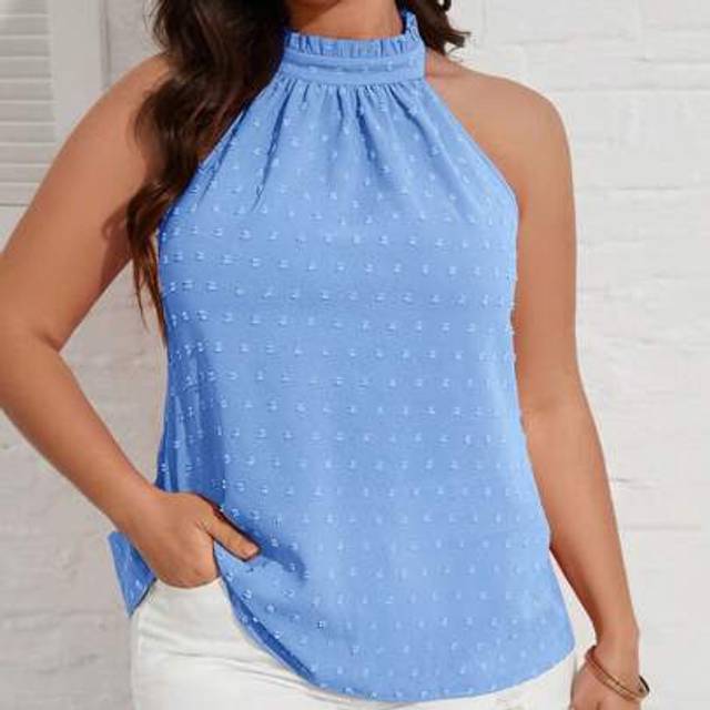 Plus Size Summer Elegant Swiss Polka Dot Halter-neck blus - Babyblå (0XL,1XL,2XL,3XL,4XL,5XL)