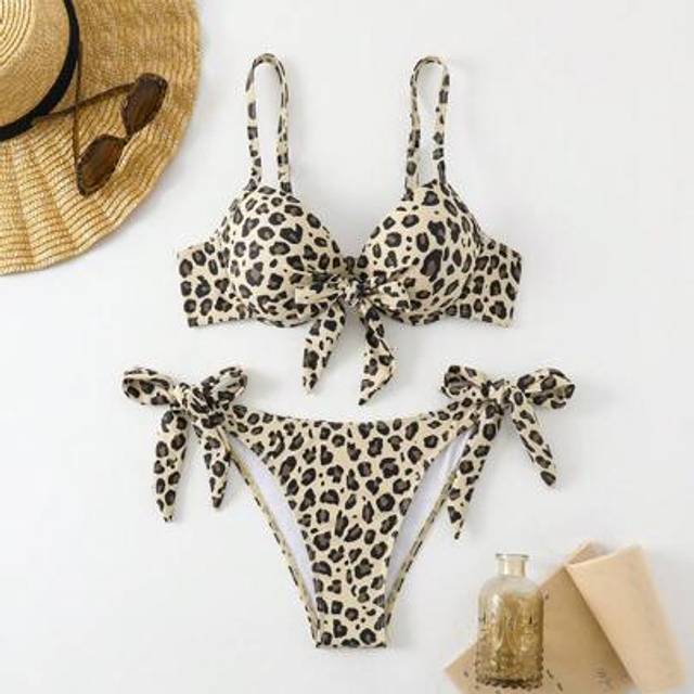 SHEIN 2pcs Women Floral Print Bikini Swimsuit, Sexy Leopard Print Tie Front Padded, Two-Piece Cute Elegant Fashion Hot Girl Beach Style, Summer Holiday