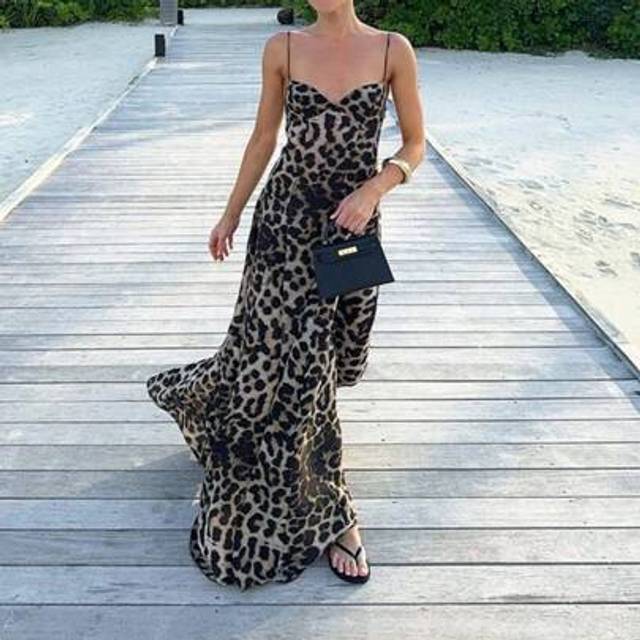 SHEIN WOWDARK Women&#39;s Summer Leopard Print Vacation Spaghetti Strap A-Line Dress