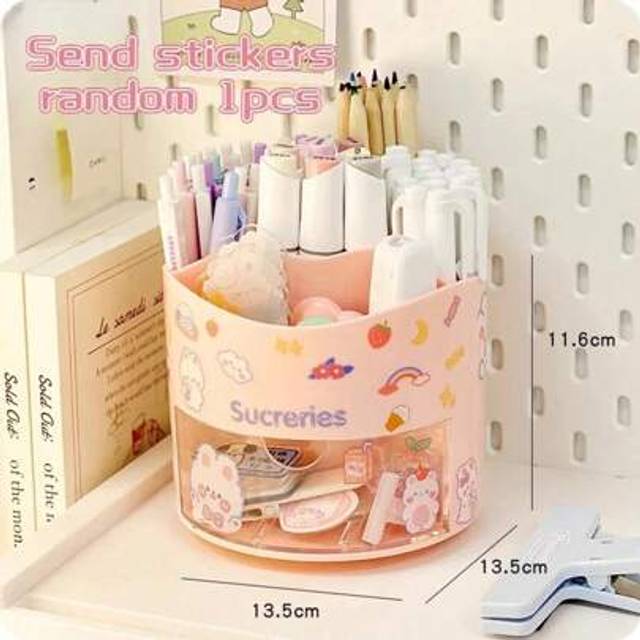 SHEIN Cute Rotating Pen Holder Desktop Drawer Stationery Box Case School Office Desk Kawaii Stationery Storage Box Organizer Stickers