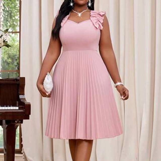 Fleurora Spring And Summer Elegant Elegant Party Wedding Cocktail Party Pink Knitted Sweetheart Flared Lettuce Trim Midi Sleeveless Plus Size Dresses Summer Ou