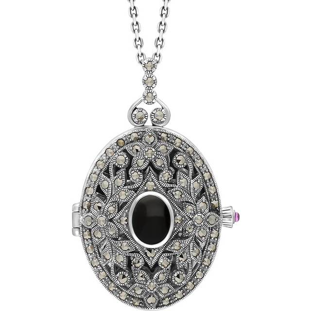 Sterling Silver Whitby Jet Marcasite Large Oval Flower Edge Locket Necklace