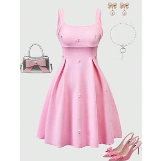 SHEIN Elegant Pearl Beaded Ruffle Fit & Flare Dress With Wide Straps For Girls, Formal Party Wear