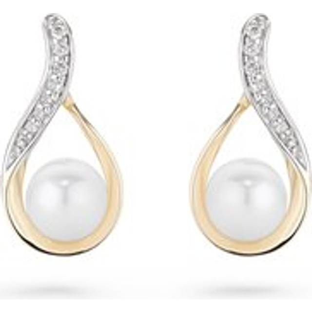 9ct Yellow Gold Diamond Freshwater Cultured Pearl Stud Earrings