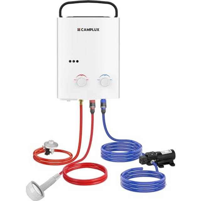 CAMPLUX AY132P43 5L Portable Gas Water Heater with 4.3L Water Pump 12V,Tankless LP Gas Boiler with Folding Handle,Use for Outdoor Camping Shower