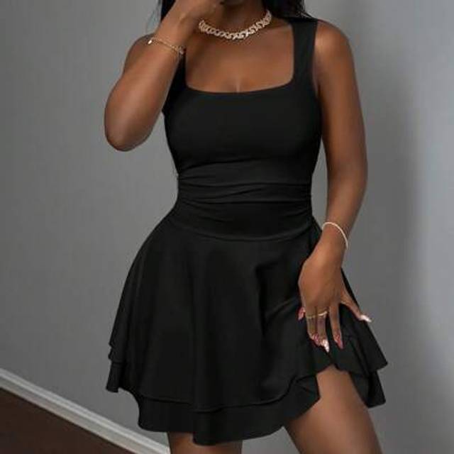 Slaydiva Summer Women Casual Basic Sports Sweet Square Neck Ruched Dual-Layer A-Line Short Dress