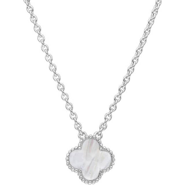 9ct White Gold White Mother of Pearl Bloom Small Four Leaf Clover Ball Edge Chain Necklet