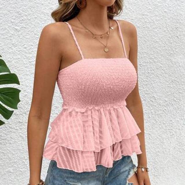 Elenzga Women Casual Vacation Chiffon Cutwork Asymmetrical Tiered Camisole Top