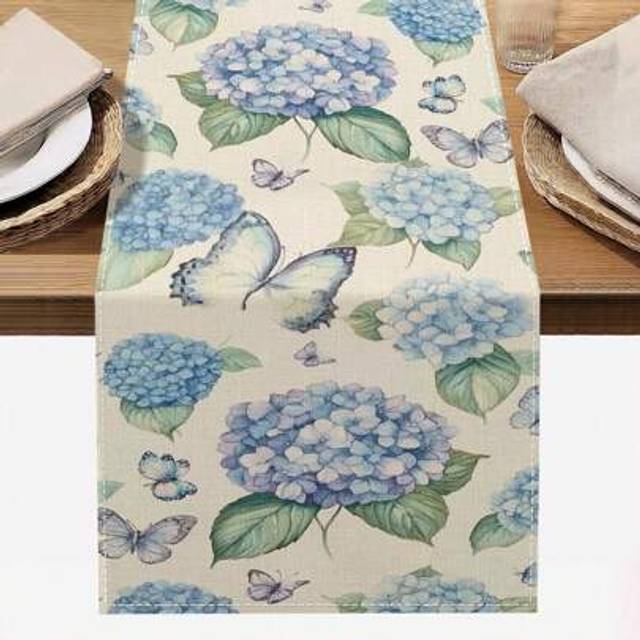 SHEIN 1PC Spring/Summer Purple Hydrangea Butterfly Spring Table Runner, Summer Kitchen Table Decoration