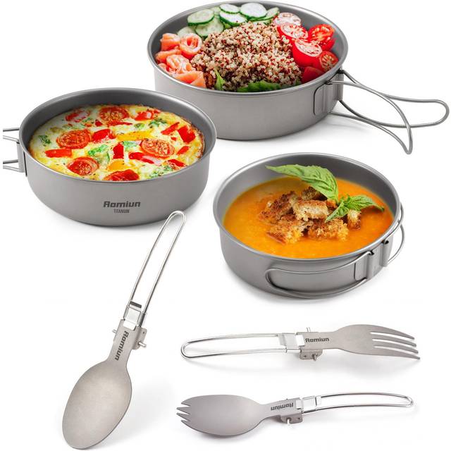 Camping Bowl and Utensil Set 3 Bowls Spoon Fork Combo Titanium Bowl with Folding Handle Ultralight