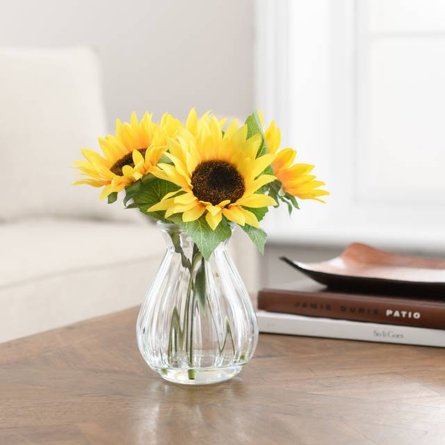 Artificial Sunflower Bouquet in Ribbed Glass Vase - Yellow