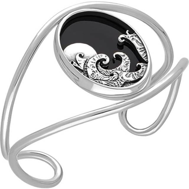 Sterling Silver Whitby Jet Gothic Moon and Wave Cuff Bangle - Option1 Value Silver