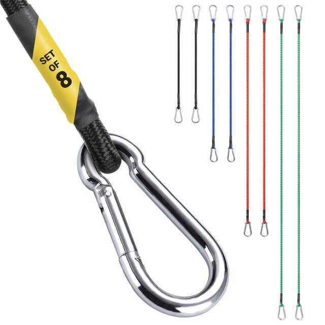Bungee Cords with Carabiner Clips - 4 Different Length & Colours - Bungee Cords Tie Down Straps - Heavy Duty Hooks Strong Coated Rubber - Bungee Cords