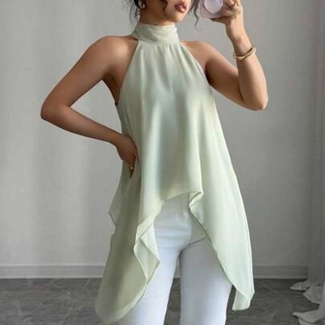 Gloray Women&#39;s Sleeveless Halter Mint Green Casual Blouse, Asymmetrical Hem Top For Summer