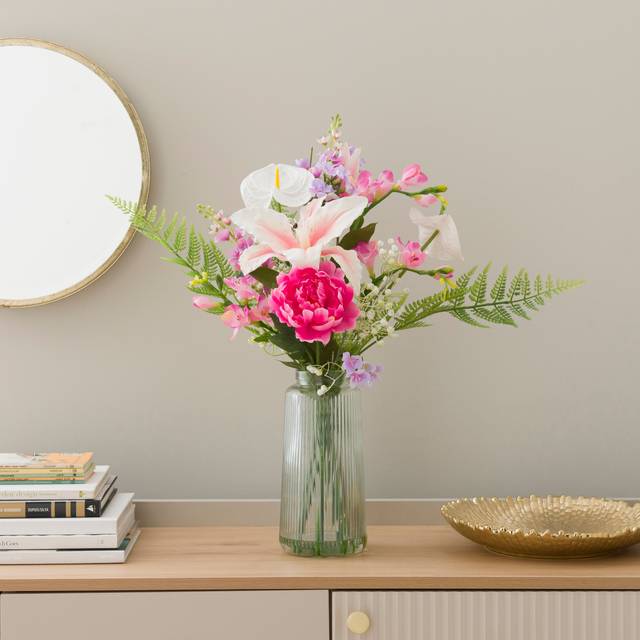 Artificial Tiger Lily Bouquet in Ribbed Glass Vase - Pink