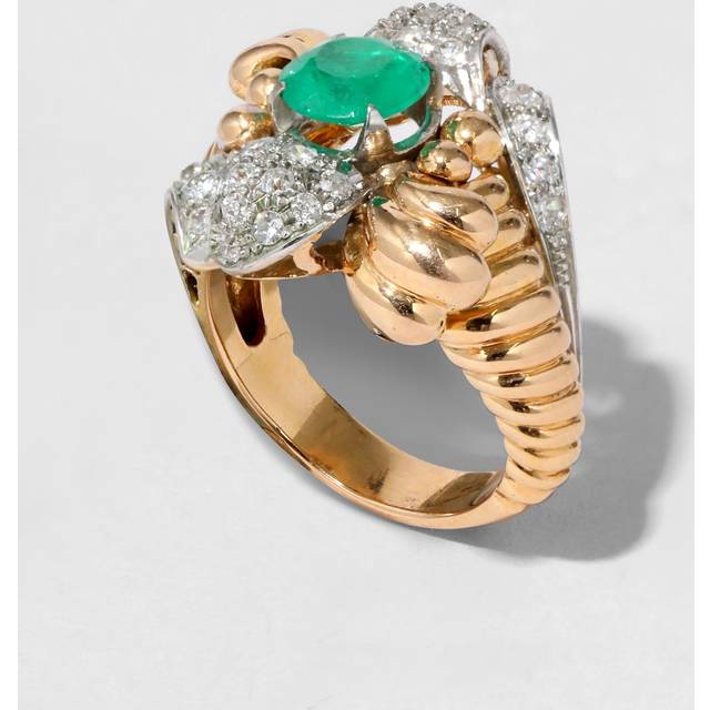 Alexis Bittar Vintage 1940S 14K & Platinum With Emerald & Diamond Retro Ring in Gold Size 7.5 | Statement Jewelry from Alexis Bittar (7.5)