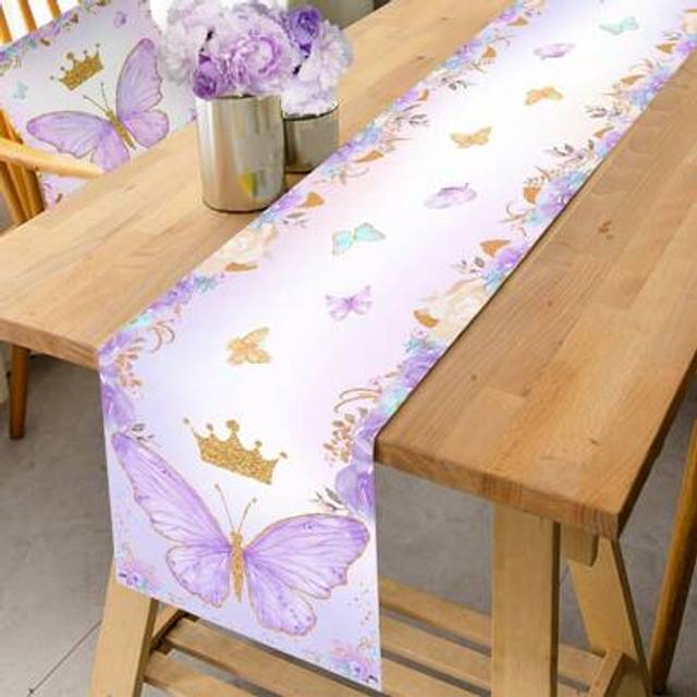 SHEIN 1pc Purple Butterfly Themed Polyester Table Runner, 180*35cm Table Runner,Table Covers,Butterfly Crown Flower Table Runner, Suitable For Butterfly Bir