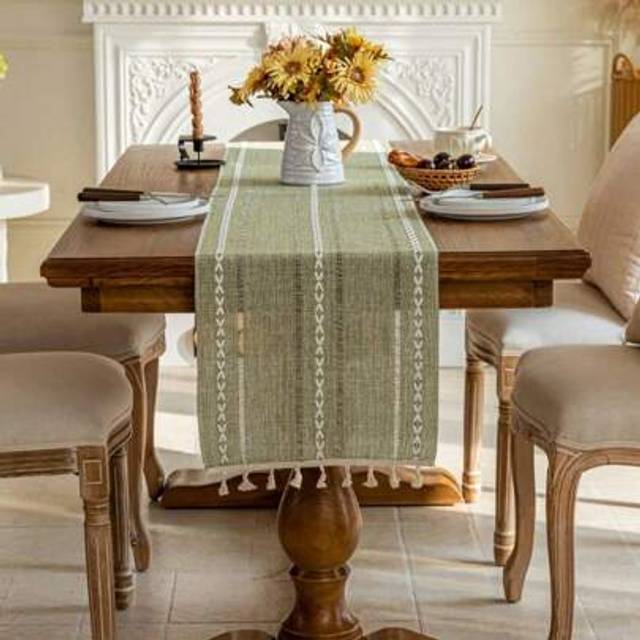 SHEIN American Country Style White Striped Table Runner, Decorative Dining Table Cloth With Tassel, Rectangular For Coffee Table, TV Cabinet, Bedroom Decor