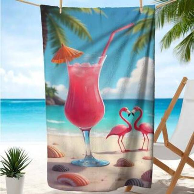SHEIN Extra Large Microfiber Beach Towel - Quick-Dry, Sand-Free, Soft & Lightweight With Vibrant Flamingo And Tropical Print - Ideal For Beach, Pool, Travel