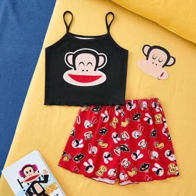 Tween flicka söt svart tecknad mönster Cami Top och röda Casual Shorts Pyjamas Set, sommar - Multifärgad (8Y,9Y,10Y,11Y,12Y)