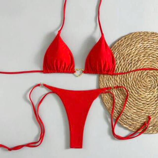 SHEIN 2025 New Arrival European And American Metal Decor Halter Push Up Bikini Brazilian Sexy Solid Color Swimsuit Set