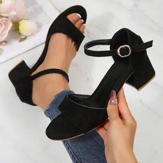 SHEIN Plus Size Women Casual Suede High Heel Sandals, Luxury Metal Buckle Strap Slip On, Soft PU Sole, Non-Slip, Comfortable, 5cm Heel, Suitable For Indoor/