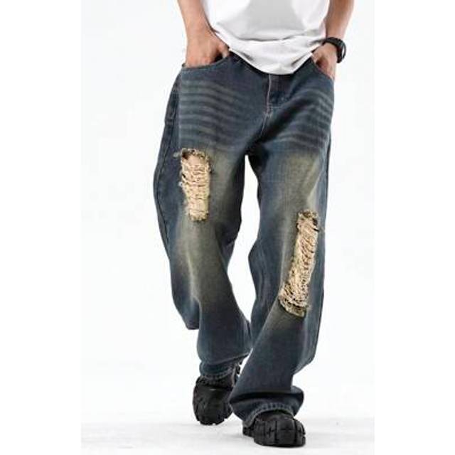 SHEIN Y2K Vintage Style Men&#39;s Blue Retro Washed Loose Wide Leg Ripped Jeans Straight Leg Loose Jeans, Perfect Gift For Husband, Boyfriend